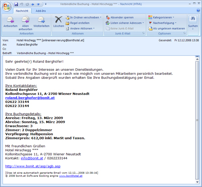 BONit Hotelsoftware - Online Buchungs Modul Email Bestätigung